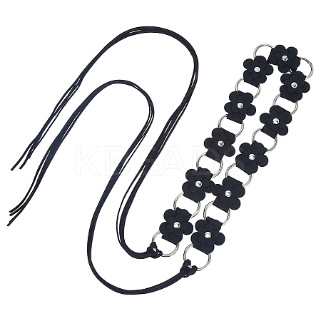 1Pc Imitation Leather Flower Brass Ring Link Chain Waist Belly Chains Belts for Women AJEW-CL0001-49B-1