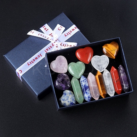 14Pcs Chakra Heart & Hexagonal Prism Mixed Natural Gemstone Healing Stones Set PW-WG55180-01-1