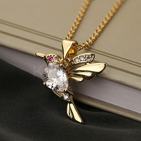 Brass Pave Cubic Zirconia Little Bird Pendant Necklaces FS-WG89328-03-1