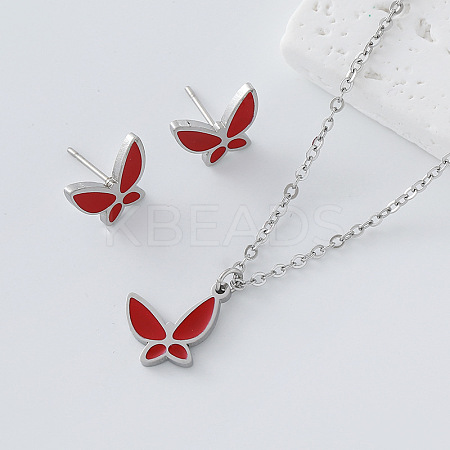 304 Stainless Steel Enamel Butterfly Pendant Necklace & Stud Earrings Set for Women AP1846-5-1