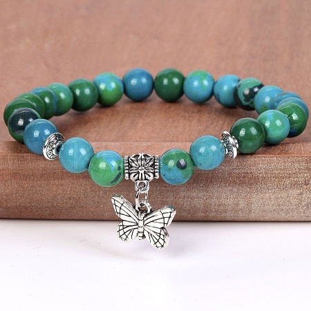 8MM Round Natural Chrysocolla Beaded Stretch Bracelets with Alloy Butterfly Charms FQ7211-21-1