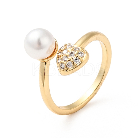 Clear Cubic Zirconia Heart Open Cuff Ring with Acrylic Pearl KK-E060-21G-1