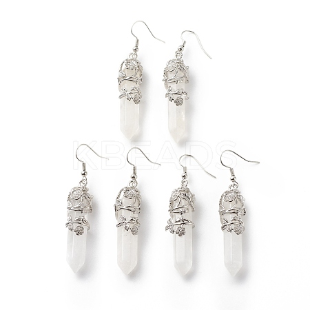 Natural Quartz Crystal Bullet with Flower Dangle Earrings EJEW-G300-02P-05-1