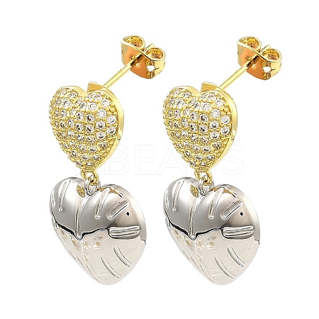 Rack Plating Brass Heart Dangle Stud Earrings with Cubic Zirconia EJEW-D069-06GP-1