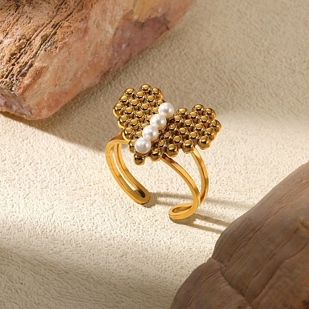 304 Stainless Steel Plastic Pearl Open Cuff Ring for Women RJEW-Z088-04G-1