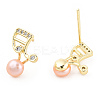 Pearl Pink Natural Pearl Musical Note Stud Earrings with Cubic Zirconia EJEW-T019-05G-4