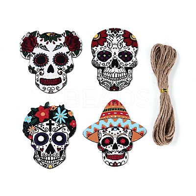 12Pcs UV Single Face Printed Wood Skull Pendant Decorations WOOD-N020-02-1