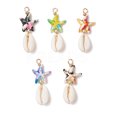 Dyed Synthetic Turquoise Starfish & Natural Cowrie Shell Pendants PALLOY-JF03932-1