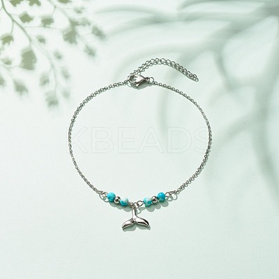 304 Stainless Steel Mixed Shape Charm Anklet with Round Natural White Jade Beads for Women AJEW-AN00498-1