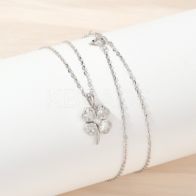 925 Sterling Silver Pave Clear Cubic Zirconia Clover Pendant Necklaces for Women NJEW-G168-01P-1