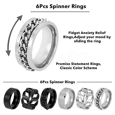 6Pcs 6 Style Stainless Steel Plain & Curb Chains Finger Rings Set for Women RJEW-FI0001-01-1