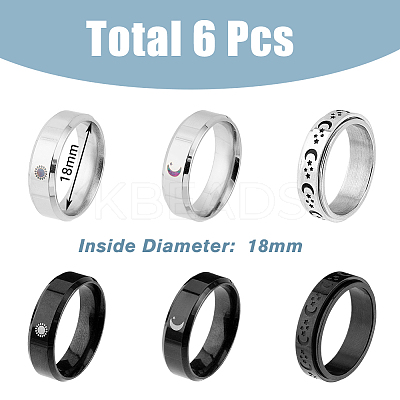 6Pcs 6 Styles Sun & Moon & Star 304 & 201 Stainless Steel Band Rings Set RJEW-FI0001-09-1