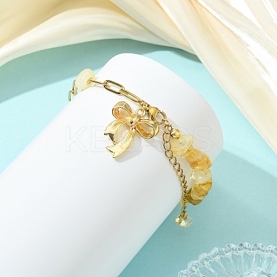 Heated Natural Citrine Chip Beads 304 Stainless Steel Paperclip Chain Bracelets with Alloy Bowknot Charms BJEW-JB14187-02-1
