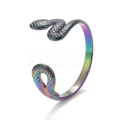 Ion Plating(IP) Rainbow Color 304 Stainless Steel Snake Wrap Open Cuff Ring for Women RJEW-C025-18M-1