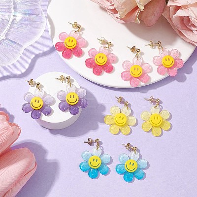 Sunflower with Smiling Acrylic Dangle Stud Earrings EJEW-JE05608-1