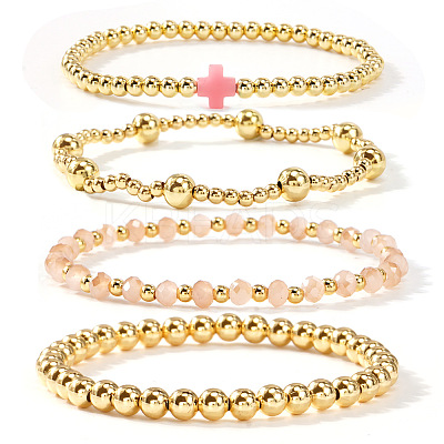 4Pcs Golden Brass & Glass Round Beaded Bracelet Sets XG4611-3-1