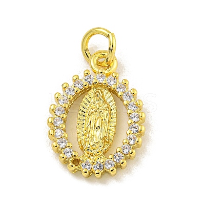 Virgin Mary Theme Rack Plating Brass Micro Pave Cubic Zirconia Pendants KK-C074-28G-01-1