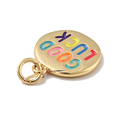 Flat Round with Word Good Luck Brass Enamel Pendants KK-G419-27G-1