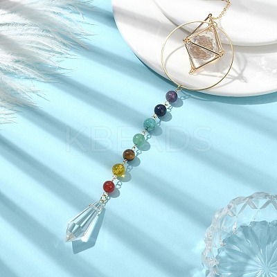 Natural & Synthetic Mixed Stone Bead & Brass Ring Pendant Decorations HJEW-TA00099-1