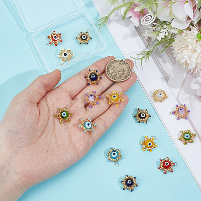 16Pcs 8 Colors Glass Seed Beaded Star Charm with Evil Eye Beads Pendants PALLOY-GO00071-1