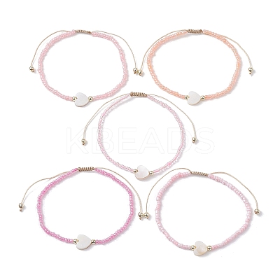 5Pcs 5 Colors Natural Shell Heart & Seed Braided Bead Bracelets Set BJEW-JB10039-02-1