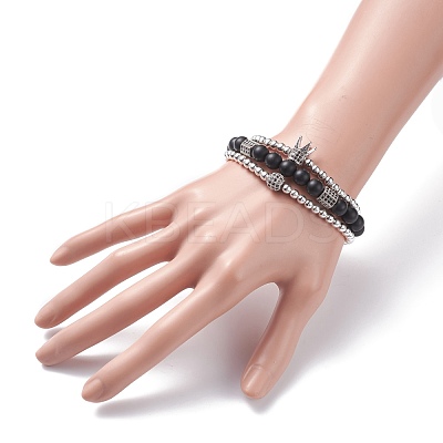 3Pcs 3 Style Round Synthetic Black Stone & Hematite Beaded Stretch Bracelets Set BJEW-JB07688-03-1