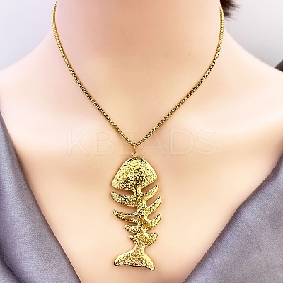 304 Stainless Steel Fish Bone Shaped Pendant Box Chain Necklaces for Women NJEW-L467-01G-1