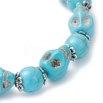 Halloween Dyed Synthetic Turquoise Skull & Round Beaded Stretch Bracelets for Men Women BJEW-JB12255-02-1
