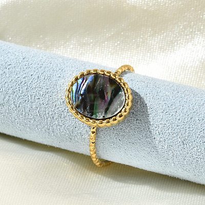Oval 304 Stainless Steel Paua Shell Cuff Rings for Women RJEW-G346-07G-01-1