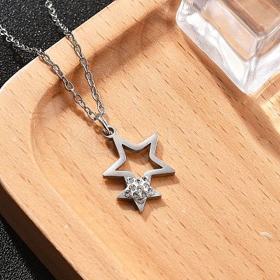 304 Stainless Steel Crystal Rhinestone Double Star Pendant Cable Chain Necklaces NJEW-Z056-02A-P-1
