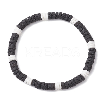 2Pcs 2 Styles Natural Lava Rock & White Shell Flat Round Beads Stretch Bracelets for Men Women BJEW-JB12462-1
