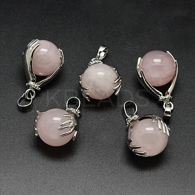 Palm Platinum Plated Brass Natural Rose Quartz Pendants G-F228-02D-RS-1