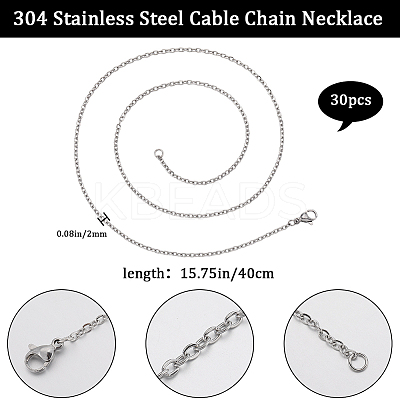 30Pcs 304 Stainless Steel Flat Cable Chain Necklaces Set STAS-BBC0005-02-1