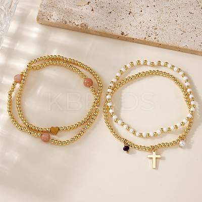 4Pcs Bohemian Beach Heart Round Brass Beaded Stretch Bracelet Sets ZQ1331-1-1