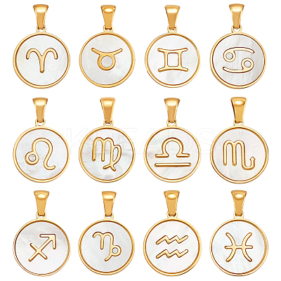 12Pcs 12 Styles Stainless Steel with Natural Shell Pendants STAS-WH0044-95-1