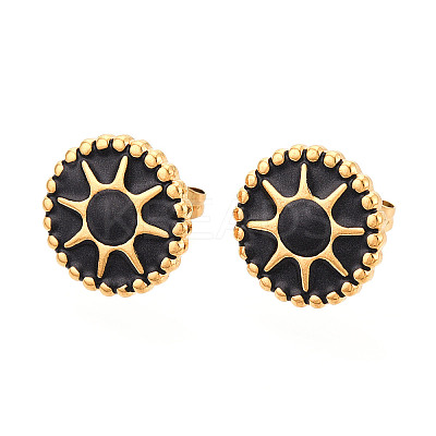 Flat Round with Sun 304 Stainless Steel Enamel Stud Earrings EJEW-T047-17G-A-1