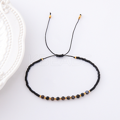 2mm Faceted Natural Dyed & Heated Black Agate Beaded Braided Adjustable Bracelets for Women PF2854-7-1