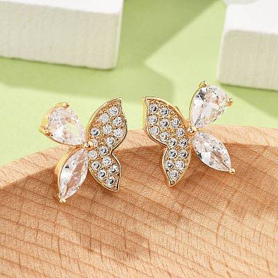 Butterfly Brass Micro Pave Clear Cubic Zirconia Stud Earrings for Women EJEW-G428-08G-1