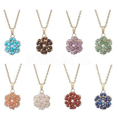 Natural Mixed Gemstone Cluster Flower Pendant 304 Stainless Steel Cable Chain Necklaces with Glass Seed Baeds NJEW-MZ00142-1