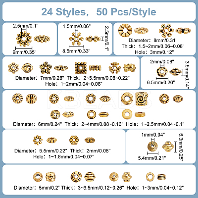 1200Pcs 24 Styles Tibetan Style Alloy Beads Sets TIBEB-PH0005-10-1