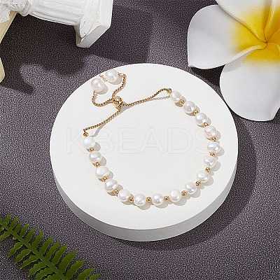 Dyed Natural Pearl & Brass Round Beaded Slider Bracelet BJEW-AN0001-02-1