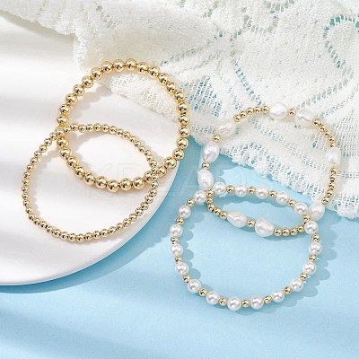 4Pcs 4 Style Natural Pearl & Brass Beaded Stretch Bracelets Set for Women BJEW-JB09662-01-1