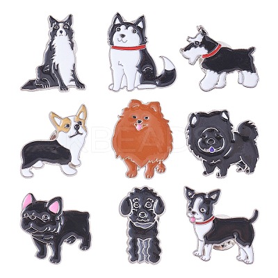 9Pcs 9 Style Poodle & Siberian & Schnauzer & Chihuahua & Border Enamel Pin with Brass Butterfly Clutches JEWB-SZ0001-77-1