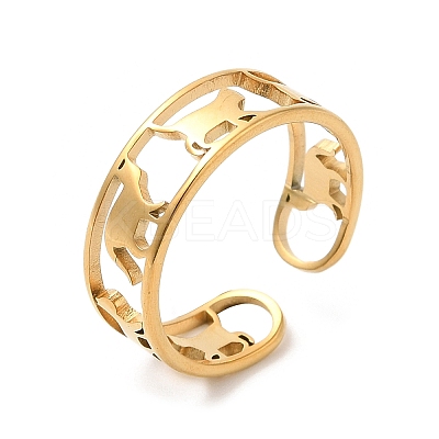 Ion Plating(IP) 304 Stainless Steel Cat Open Cuff Ring for Women RJEW-M149-15G-1