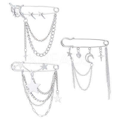 3Pcs 3 Styles Star & Moon Alloy Rhinestone Safety Pin JEWB-HY0001-46-1