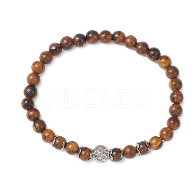 Natural Tiger Eye & Brass Round Beaded Stretch Bracelets for Women BJEW-JB12266-03-1