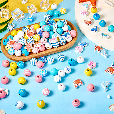 Ocean Themed Spray Painted Wood European Beads WOOD-TA0002-63-1