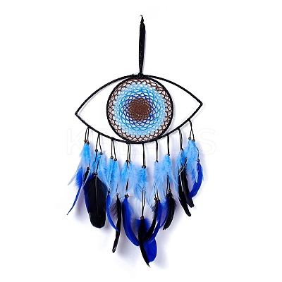 Handmade Evil Eye Woven Net/Web with Feather Wall Hanging Decoration HJEW-K035-07-1