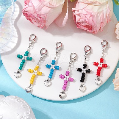 Cross Glass Seed Beads Pendant Decoration HJEW-MZ00111-1