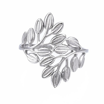 Non-Tarnish 304 Stainless Steel Leaf Open Cuff Ring RJEW-T023-56P-1
